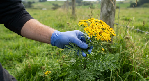 Botanische Detailaufnahme von blühendem Jakobskreuzkraut (Senecio jacobaea)